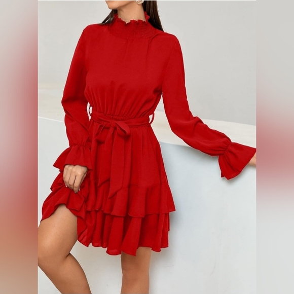 Chic HIGH COLLAR LONG SLEEVE A LINE RUFFLE HEMLINE DRESS SIZE L NWOT - Picture 2 of 11